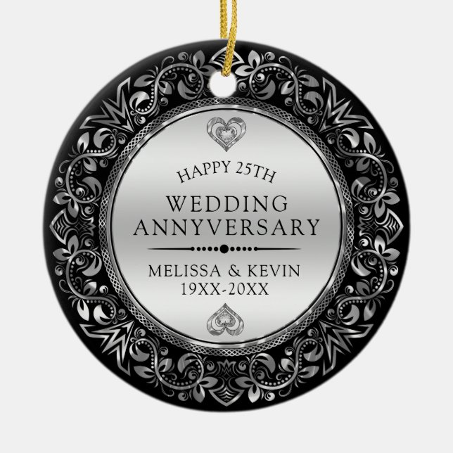 Silver floral frame 25th wedding anniversary ceramic ornament (Front)