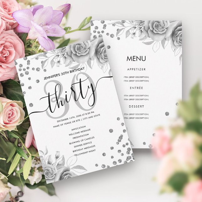 Silver Floral Glitter 30 Birthday Menu Program (Silver Floral Glitter 30 Birthday Menu Program)