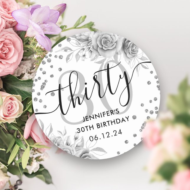Silver Floral Glitter 30th Birthday Script Classic Round Sticker (Silver Floral Glitter 30th Birthday Script Classic Round Sticker)