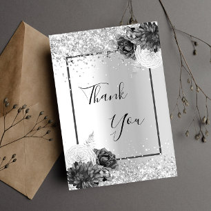 Silver floral glitter elegant glamourous thank you card