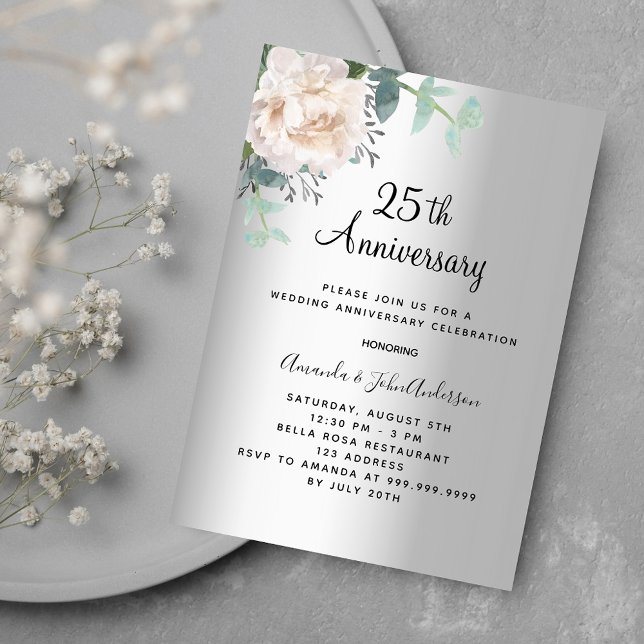 Silver floral greenery 25th wedding anniversary invitation (Creator Uploaded)