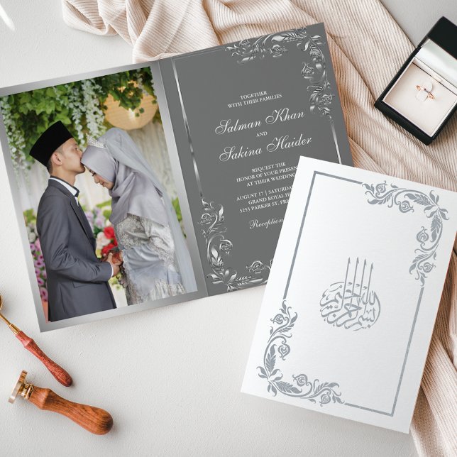 Silver Floral Grey Photo Muslim Wedding Foil Card (Creator Uploaded)