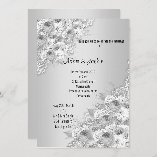 Silver Floral LACE ELEGANT MODERN WEDDING Invitation (Front/Back)