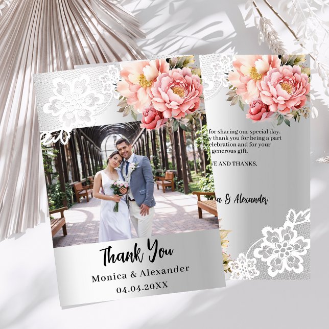 Silver floral lace wedding photo thank you card (Creator Uploaded)