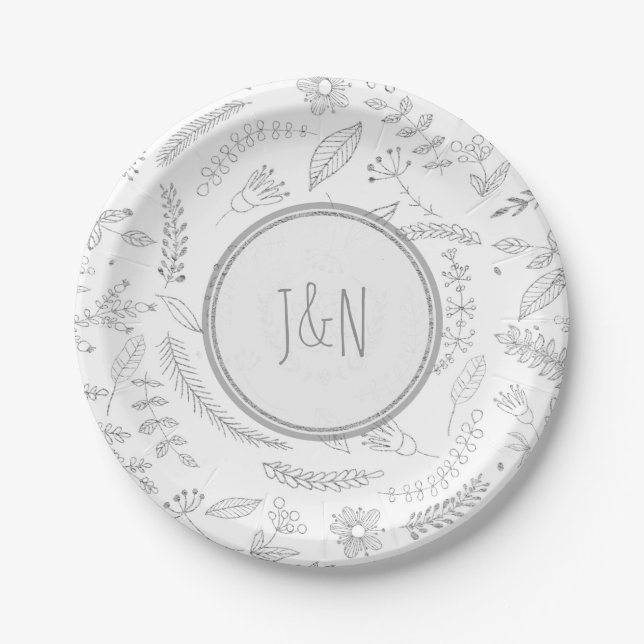 Silver Floral Leaves Rustic Wedding Reception Paper Plate (Front)