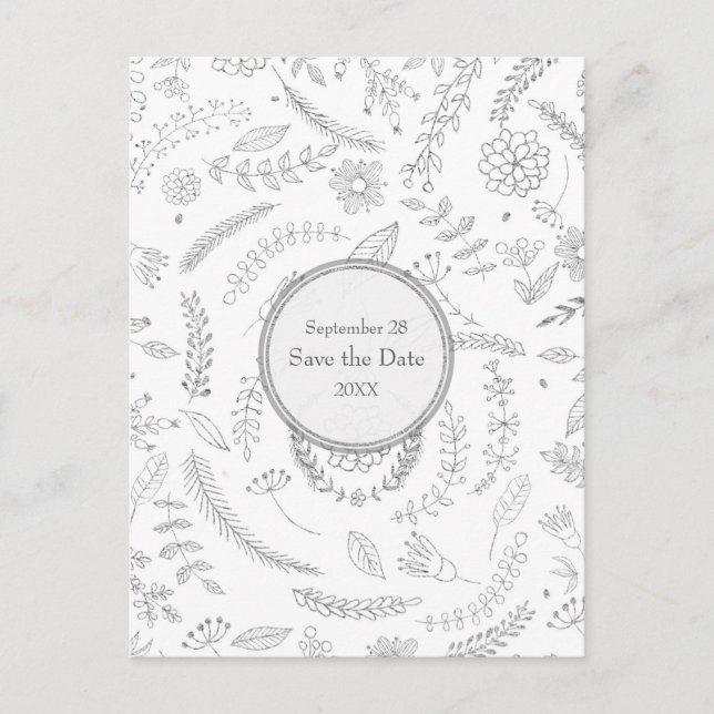 Silver Floral Leaves Rustic Wedding Save the Date Announcement Postcard (Front)