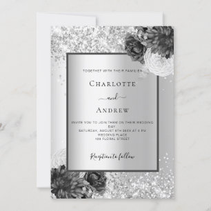 Silver floral monochrome wedding invitation