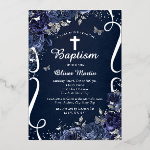Silver Floral Navy Butterfly Boy Baptism