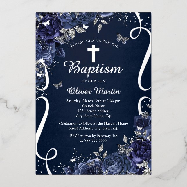 Silver Floral Navy Butterfly Boy Baptism  (Front)