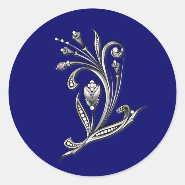 Silver Floral on Blue Wedding Envelope Seal (Front)