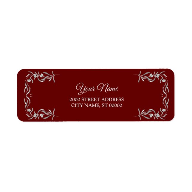 Silver Floral Pattern Red Wedding Return Address Label (Front)