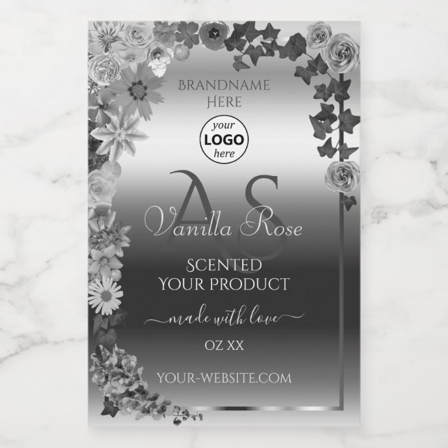 Silver Floral Product Labels with Monogram Logo (Single Label)