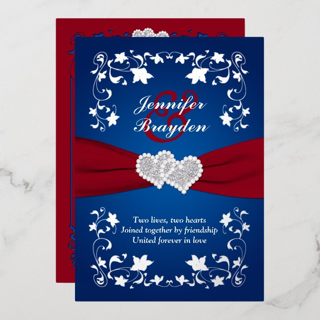 Silver Floral, Red, Blue Joined Hearts Wedding (Front/Back)