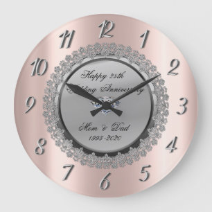 Silver Floral,Rose Gold 25th Wedding Anniversary Large Clock
