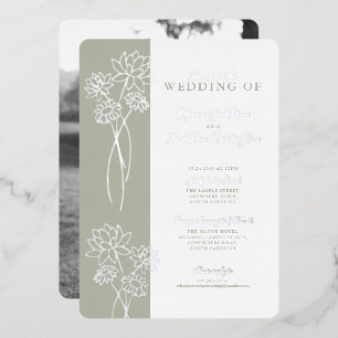Silver Floral Sage Green Wedding Foil Invitation