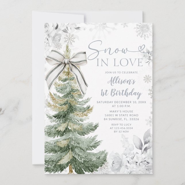 Silver Floral Snow In Love Christmas Tree Birthday Invitation (Front)