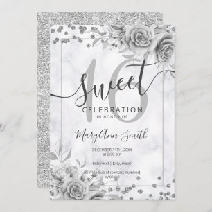 Silver Floral Sweet 16 Birthday Marble Glitter Invitation