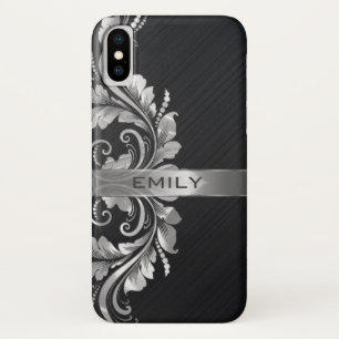 Silver Floral Swirl Black Background iPhone X Case