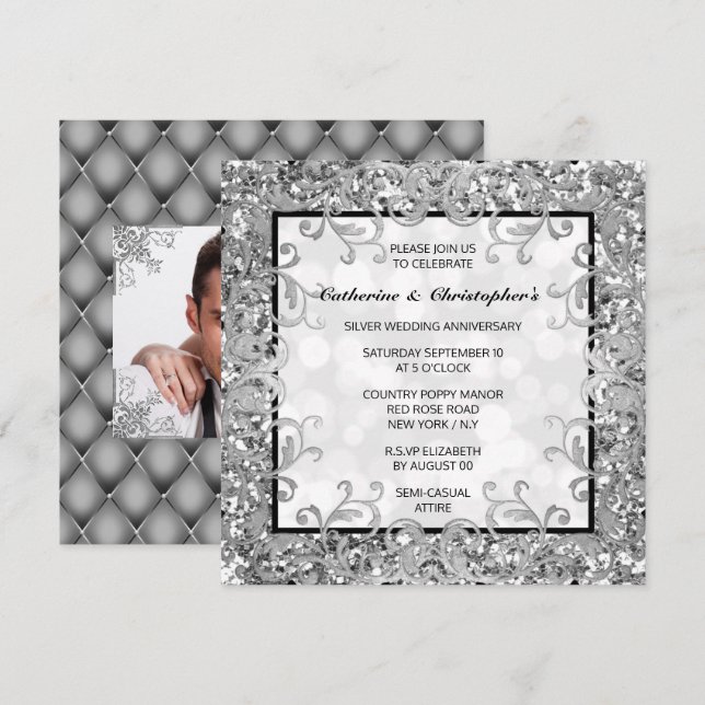 Silver floral swirl glitter quatrefoil DIY photo Invitation (Front/Back)