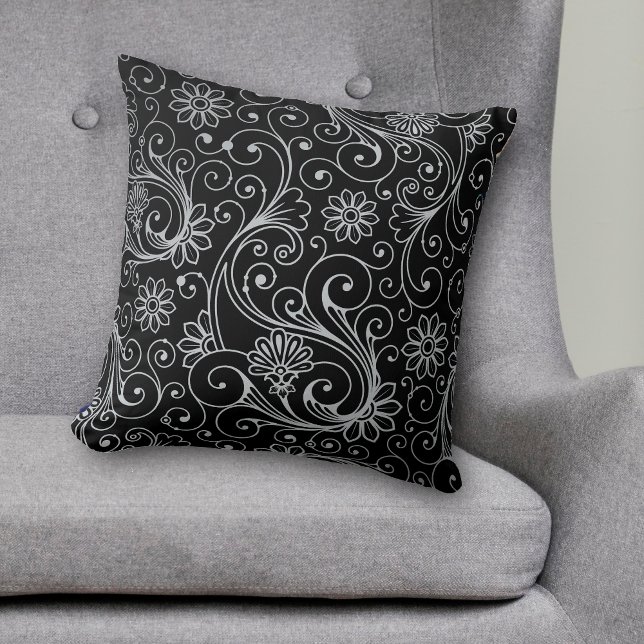 Silver Floral Swirl on Black Cushion (Creator Uploaded)