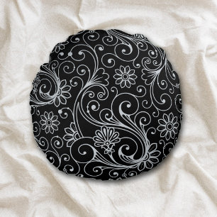 Silver Floral Swirl on Black Round Cushion