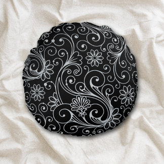 Silver Floral Swirl on Black Round Cushion