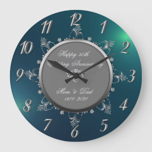 Silver Floral Swirls,Green  Wedding Anniversary Large Clock