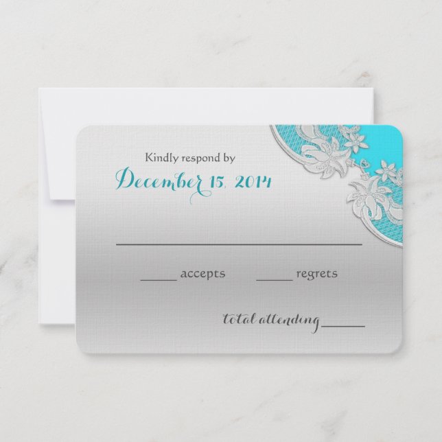 Silver Floral Wedding Reply Turquoise RSVP Card (Front)