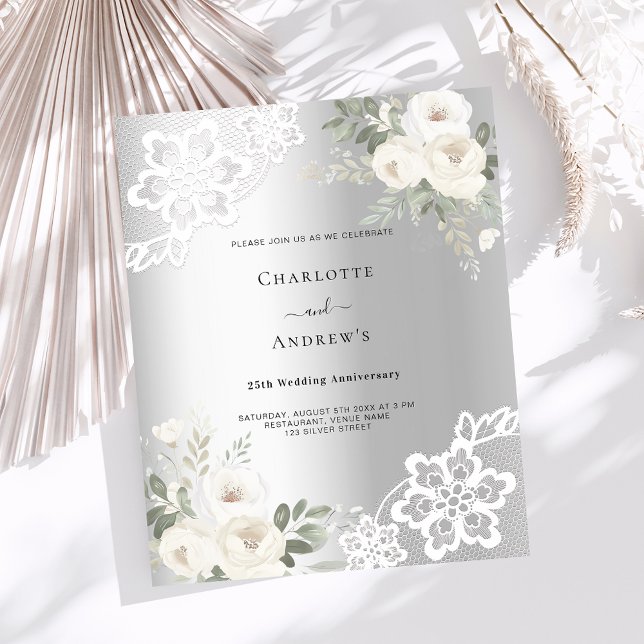 Silver florals 25th wedding anniversary invitation (Creator Uploaded)