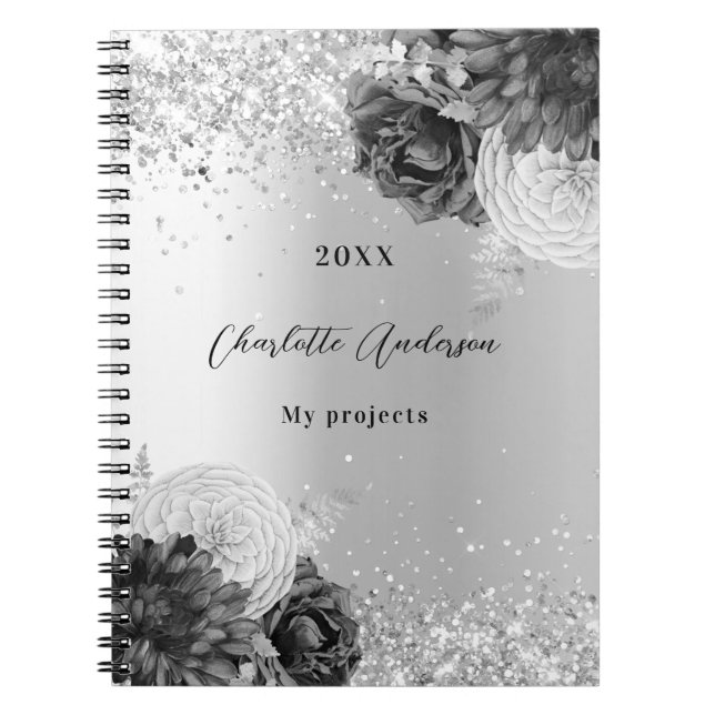 Silver florals elegant glamourous name notebook (Front)