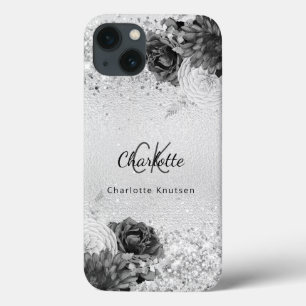 Silver florals elegant monogram name iPhone 13 case