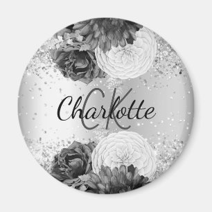 Silver florals elegant monogram name magnet
