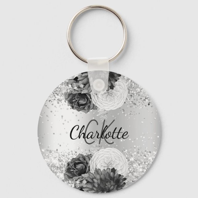 Silver florals elegant name key ring (Front)