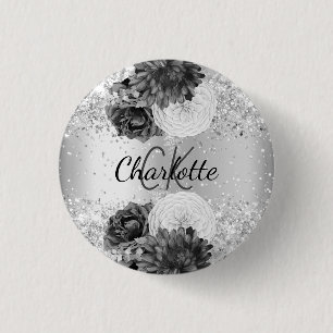 Silver florals elegant name tag 3 cm round badge