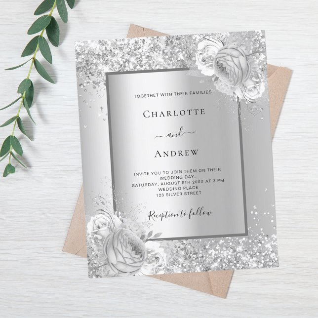 Silver florals monochrome wedding invitation (Creator Uploaded)