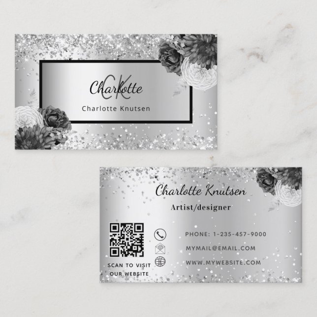 Silver florals monogram glamourous QR code Business Card (Front/Back)