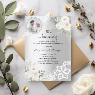 Silver florals photo 10th wedding anniversary invitation