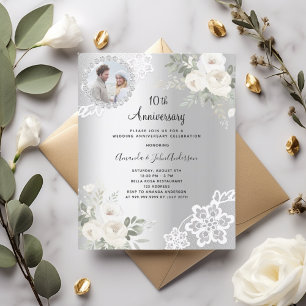 Silver florals photo 10th wedding invitation