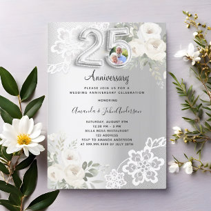 Silver florals photo 25th wedding anniversary invitation