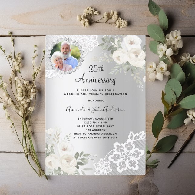 Silver florals photo 25th wedding anniversary invitation (Creator Uploaded)