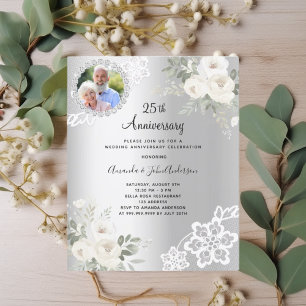 Silver florals photo 25th wedding invitation