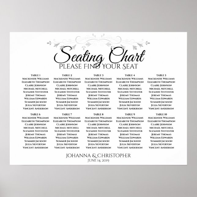 Silver Flourish 10 Table Wedding Seating Chart (Front)