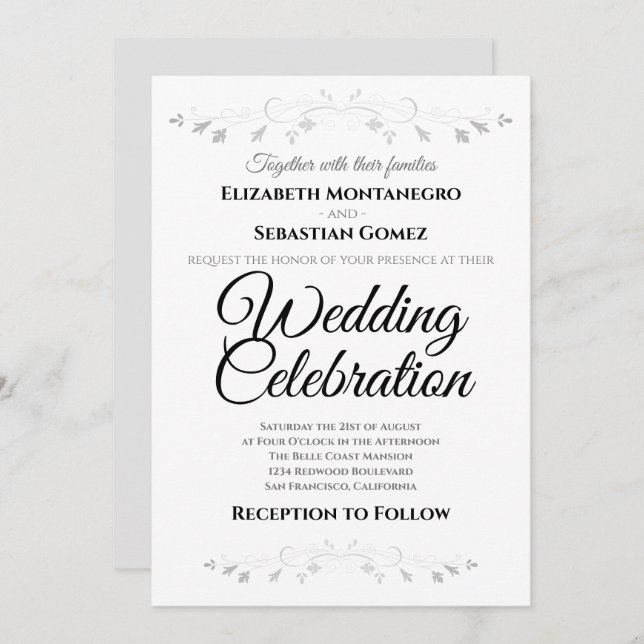 Silver Flourish Floral Faux Foil Wedding Invitation (Front/Back)