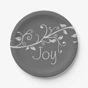 Silver Flourish Joy Christmas Party Paper Plate