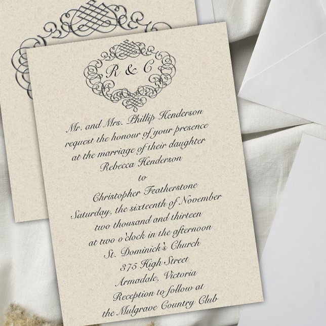 Silver Flourish Monogrammed Cream Wedding Invitation (Creator Uploaded)