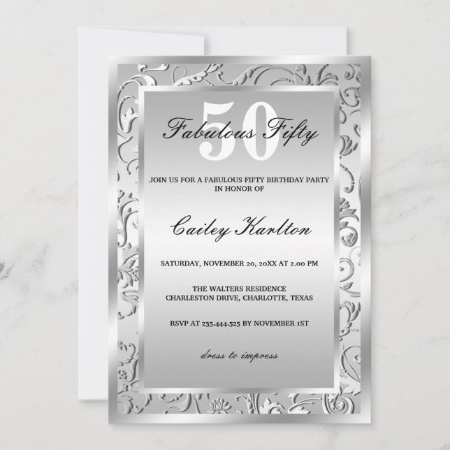 Silver Flourish Ornate Pattern Fabulous Fifty Invitation (Front)