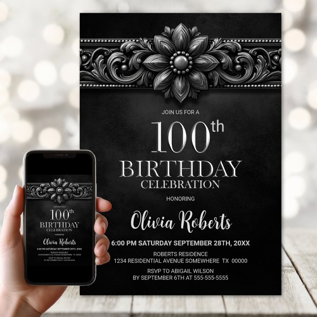 Silver Flower Black 100th Birthday Party Invitation (Creator Uploaded)