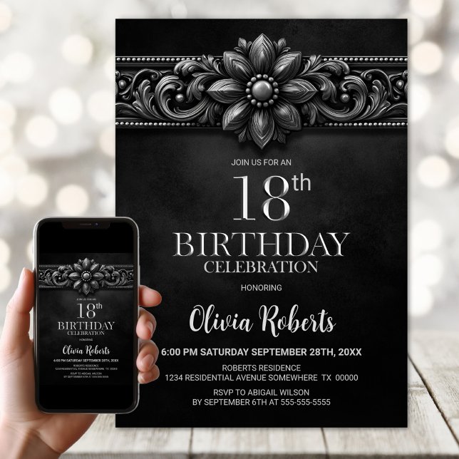 Silver Flower Black 18th Birthday Party Invitation (Creator Uploaded)