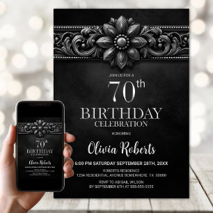 Silver Flower Black 70th Birthday Party Invitation