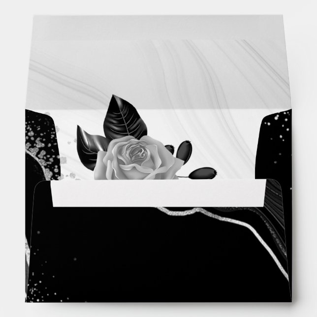 silver  flower &black leaves marble wedding envelope (Back (Bottom))